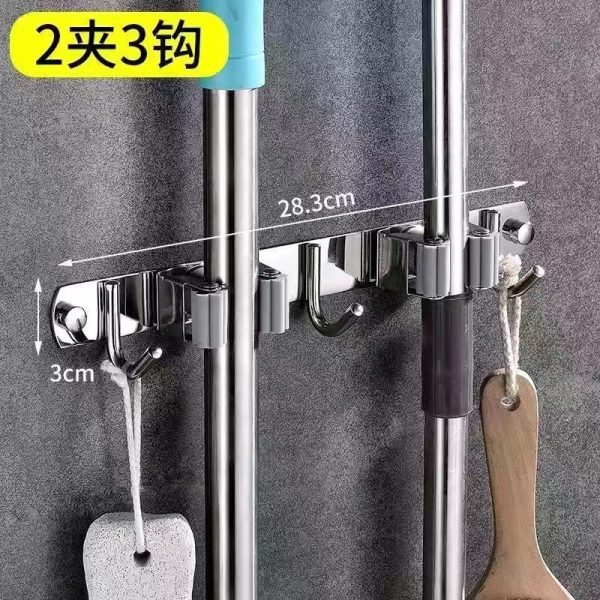 304 Stainless Steel Mop Rack Without Punching Multi-Functional Mop Hook Bathroom Mop Storage Sticky Hook Hanging Parts - 图片 11